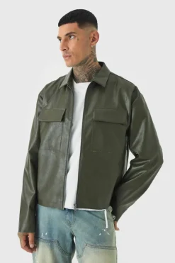 Shop boohooMAN Tall Tailored PU Harrington Jacket khaki
