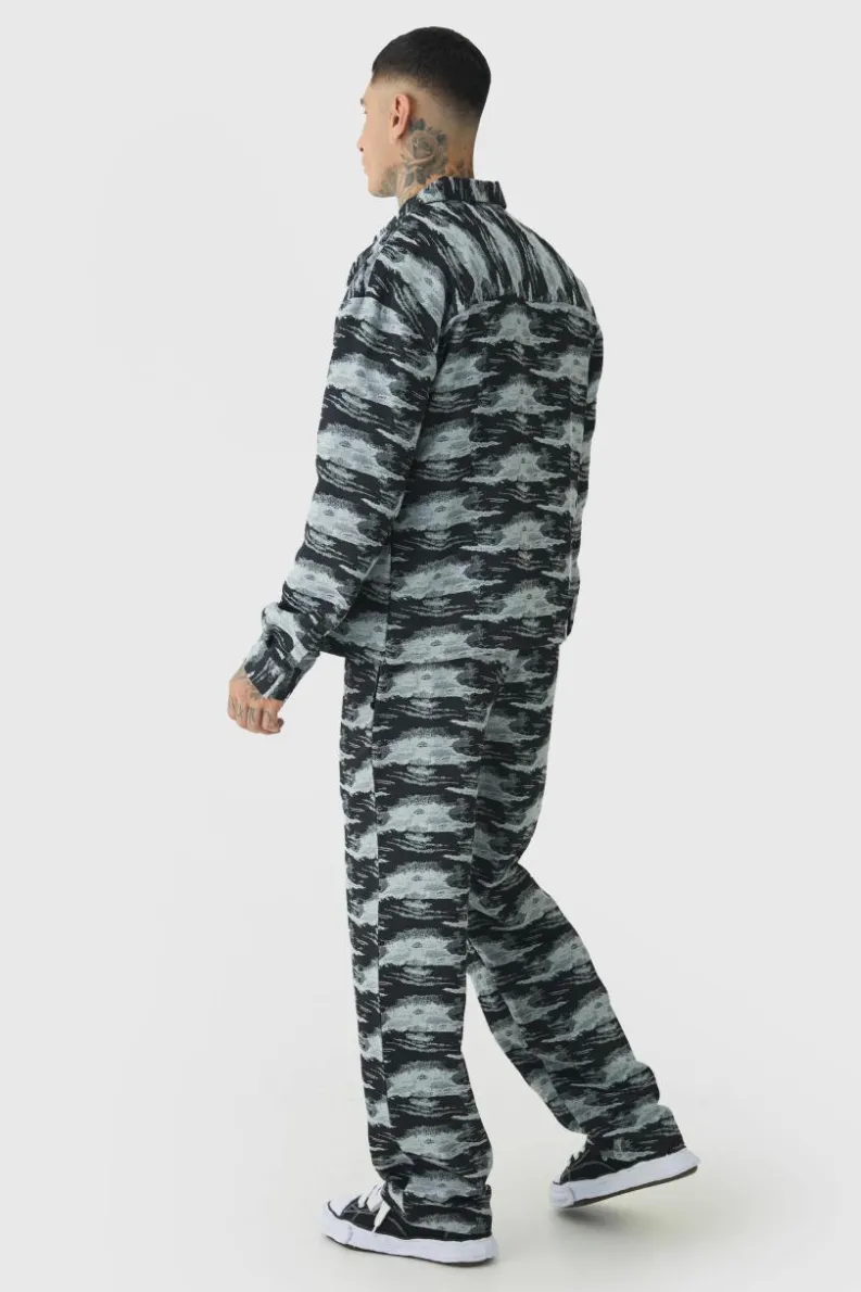 Outlet boohooMAN Tall Textured Jacquard Zip Up Overshirt black