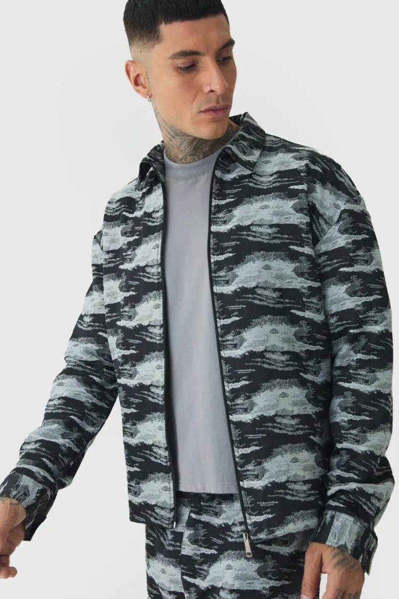 Outlet boohooMAN Tall Textured Jacquard Zip Up Overshirt black