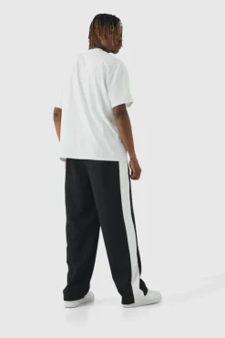 Discount boohooMAN Tall Tricot Side Panel Embroidered Relaxed Fit Trousers black