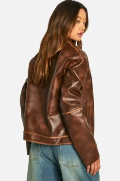Online boohoo Tall Vintage Look Boyfriend Faux Leather Zip Jacket tan