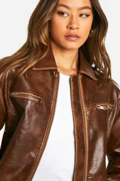 Online boohoo Tall Vintage Look Boyfriend Faux Leather Zip Jacket tan