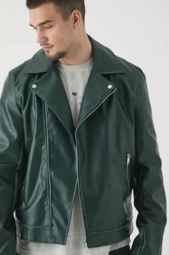 Shop boohooMAN Tall Washed Pu Biker Jacket green