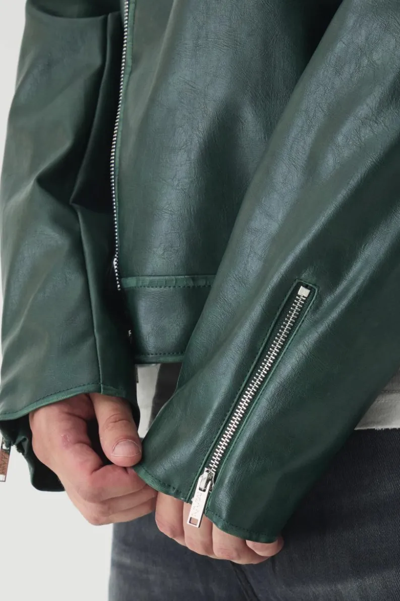 Shop boohooMAN Tall Washed Pu Biker Jacket green