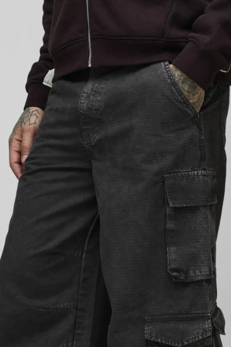 Hot boohooMAN Tall Washed Ripstop Multi Cargo Pocket Baggy Trousers charcoal