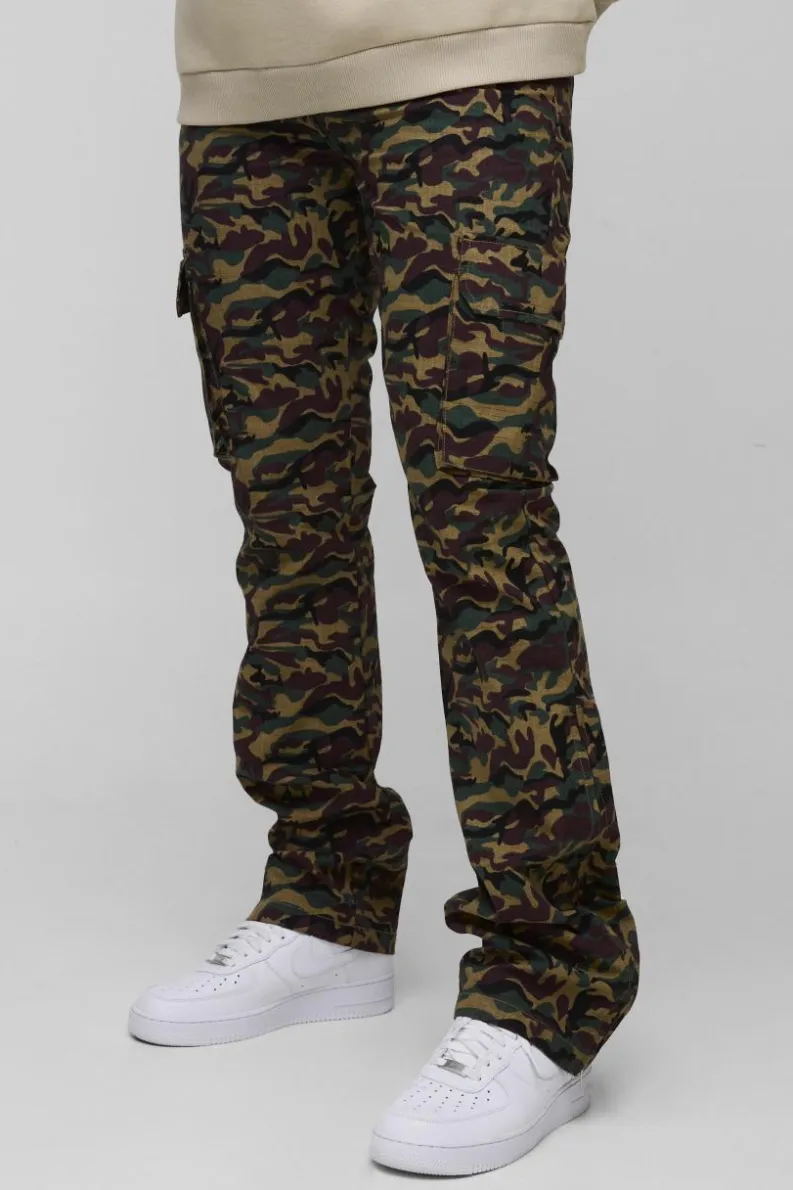 Discount boohooMAN Tall Washed Ripstop Stacked Zip Hem Camo Cargo Trousers khaki