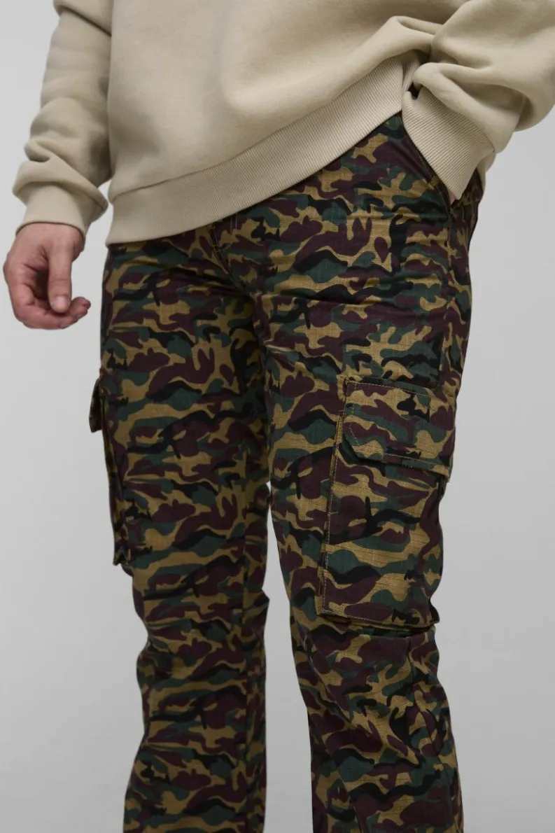 Discount boohooMAN Tall Washed Ripstop Stacked Zip Hem Camo Cargo Trousers khaki