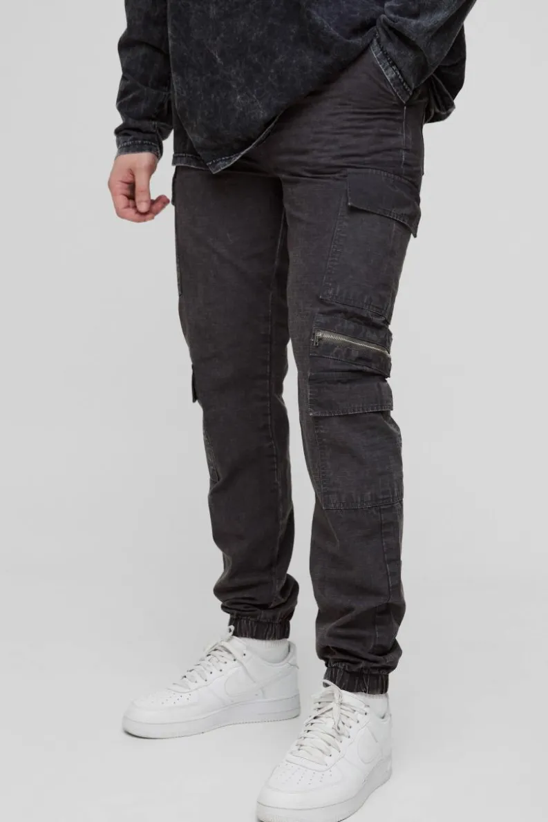 Clearance boohooMAN Tall Washed Ripstop Zip Detail Slim Fit Cargo Trousers charcoal