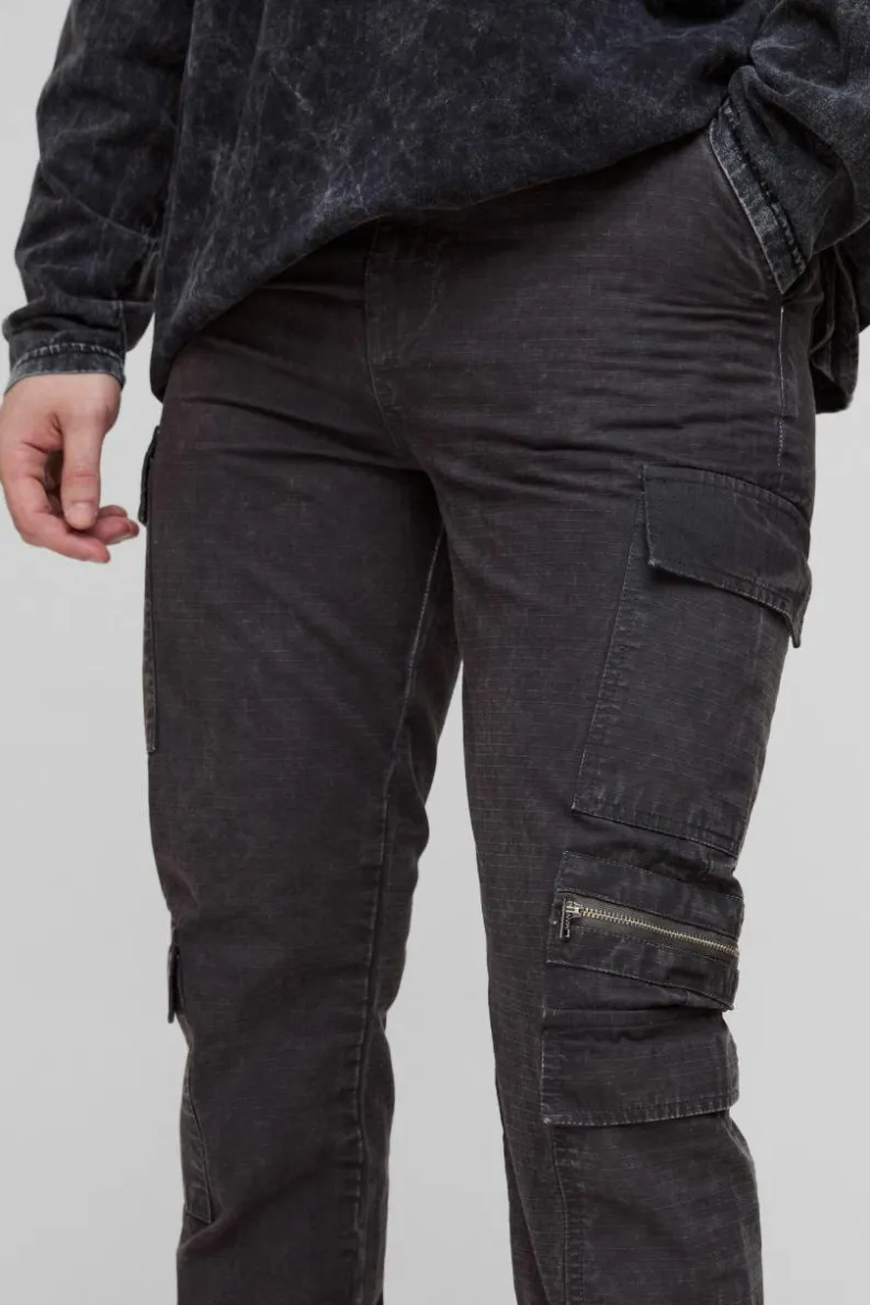 Clearance boohooMAN Tall Washed Ripstop Zip Detail Slim Fit Cargo Trousers charcoal