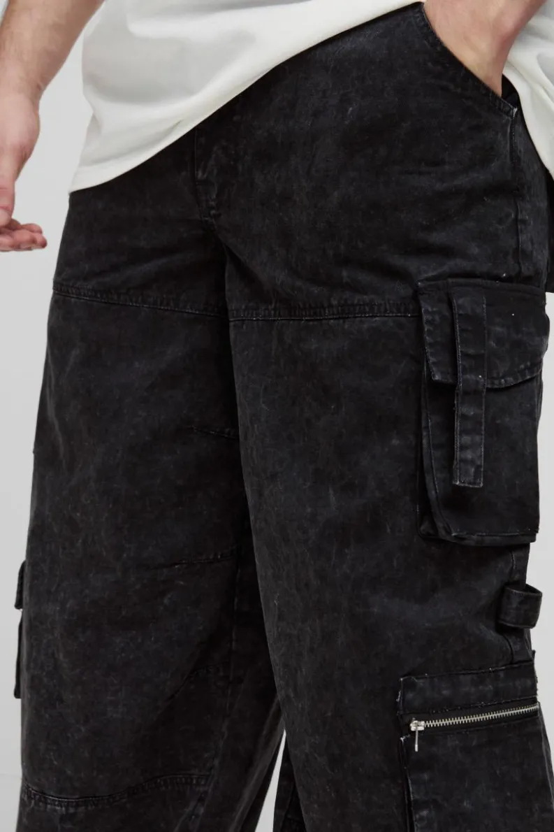Best boohooMAN Tall Washed Twill Pleat Knee Multi Pocket Baggy Cargo Trousers black