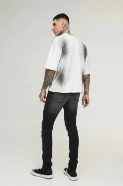 New boohooMAN Tall Washed Zip Biker Distressed Stacked Skinny Jeans washed black
