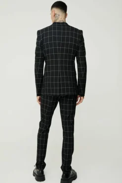 Outlet boohooMAN Tall Window Pane Check Skinny Fit Blazer black