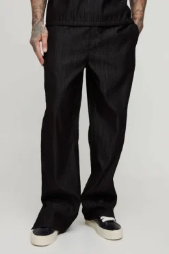 New boohooMAN Tall Woven Rib Texture Split Hem Relaxed Fit Trousers black