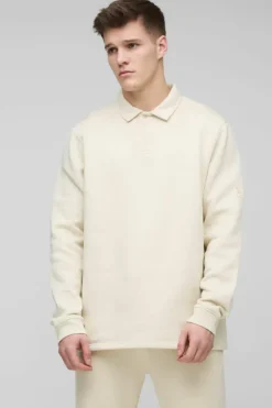 Online boohooMAN Tall Woven Tab Rugby Polo ecru