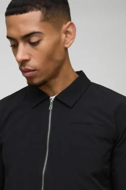 Best Sale boohooMAN Technical Stretch Zip Through Long Sleeve Shirt black