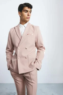 Cheap boohoo Textured Double Breasted Elbow Patch Suit pink