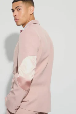 Cheap boohoo Textured Double Breasted Elbow Patch Suit pink