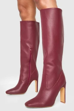 Outlet boohoo Textured High Heel Pointed Knee High Boots cherry
