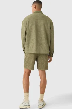 Shop boohoo Textured Satin Oversized Fit Zip Up Harrington Suit khaki
