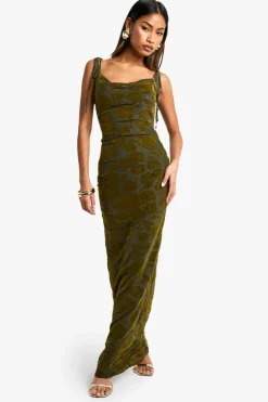 Flash Sale boohoo Tie Detail Devore Cowl Maxi Dress khaki