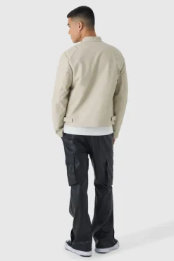 New boohooMAN Tonal Panelled Moto Jacket In stone