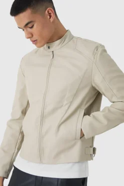 New boohooMAN Tonal Panelled Moto Jacket In stone
