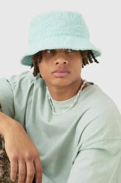 Sale boohooMAN Towelling Bucket Hat In light blue