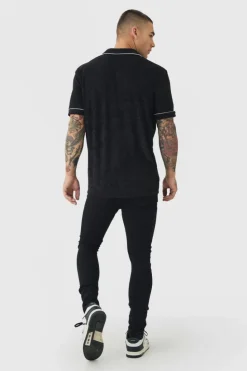 Fashion boohooMAN Towelling Polo With Piping & Metal Tab black
