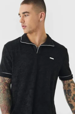 Fashion boohooMAN Towelling Polo With Piping & Metal Tab black