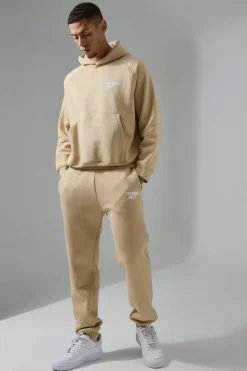 Hot boohooMAN Training Dept Boxy Hoodie & Regular fit Jogger Tracksuit sand