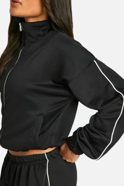 Store boohoo Tricot Piping Detail Zip Through Track Jacket black