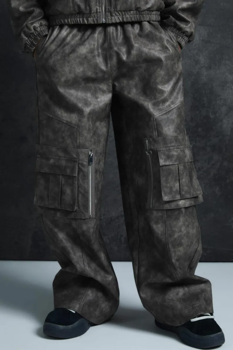 Clearance boohooMAN Trippie Redd Relaxed Faux Leather Elastic Waist Cargo Trouser grey