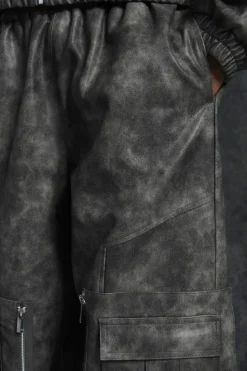 Clearance boohooMAN Trippie Redd Relaxed Faux Leather Elastic Waist Cargo Trouser grey
