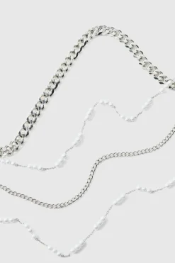 Discount boohooMAN Tripple Layer Pearl Chunky Chain silver