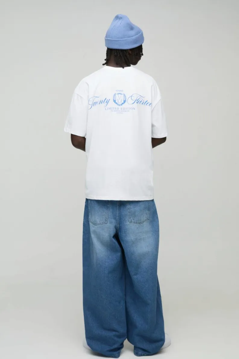Shop boohooMAN Twist Seam Parachute Jeans light wash