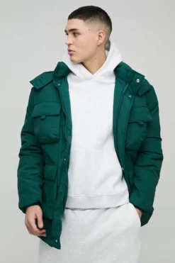 Store boohooMAN Utility Pocket Hooded Parka In green