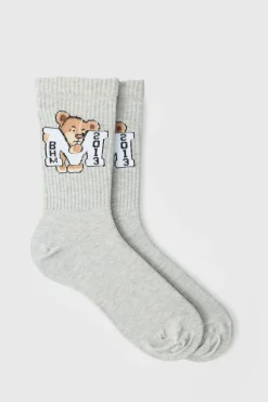 Outlet boohooMAN Varsity Teddy Bear Sports Socks grey