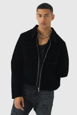 Shop boohooMAN Velour Trucker Jacket In black