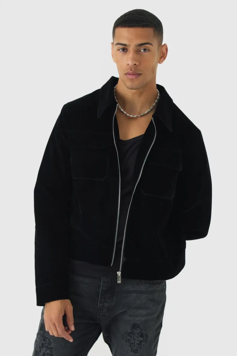 Shop boohooMAN Velour Trucker Jacket In black