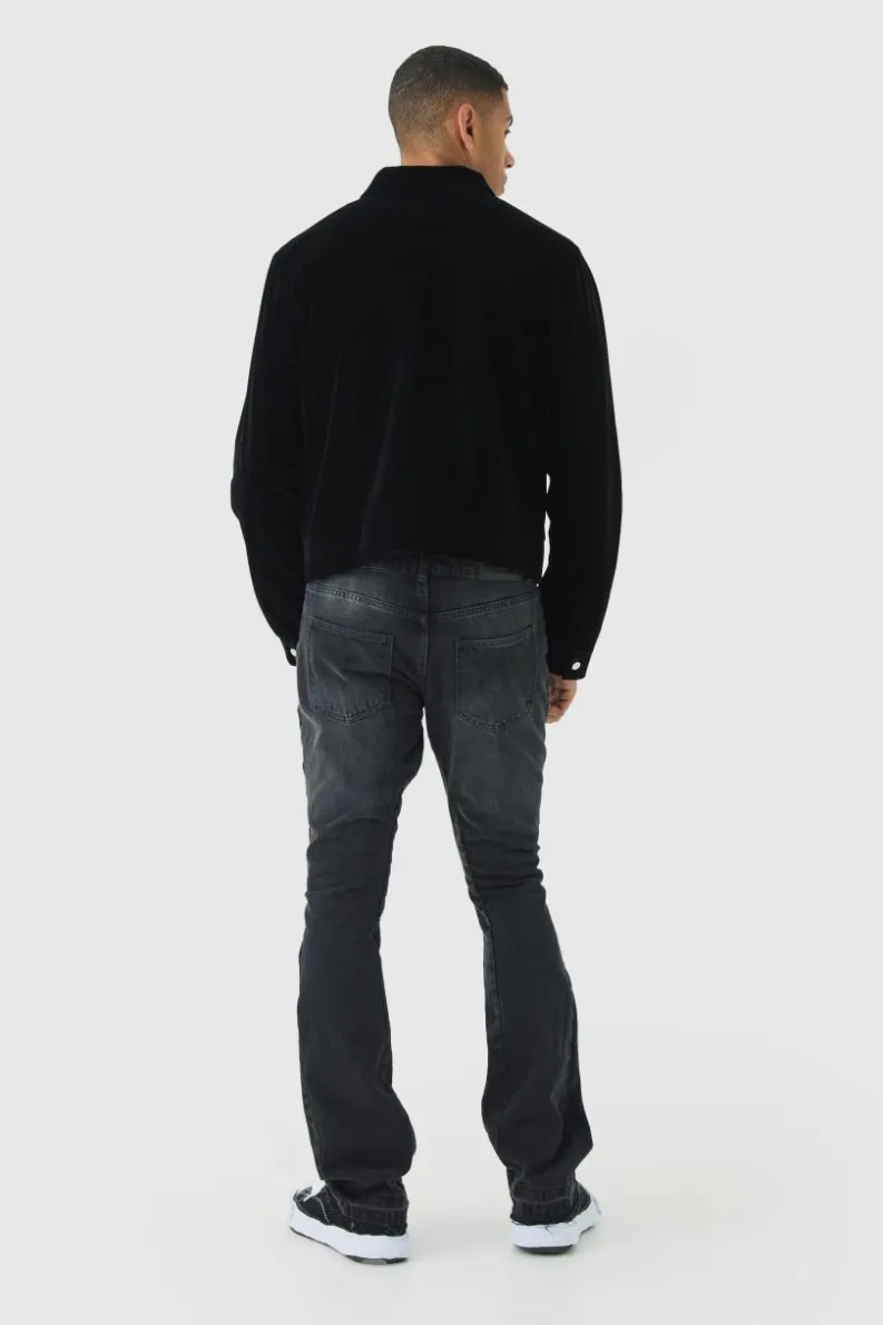 Shop boohooMAN Velour Trucker Jacket In black