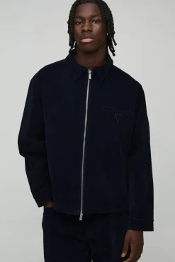 New boohooMAN Velvet Denim Zip Through Overshirt navy