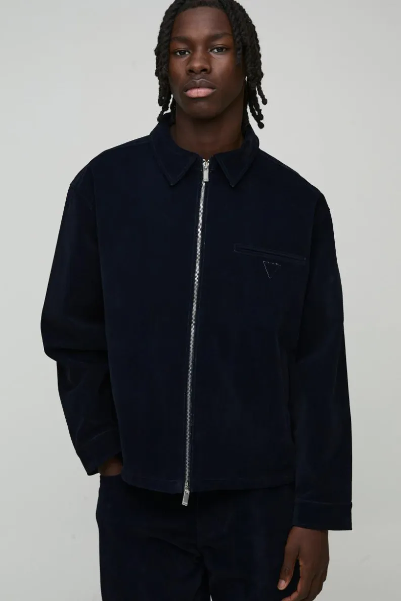 New boohooMAN Velvet Denim Zip Through Overshirt navy