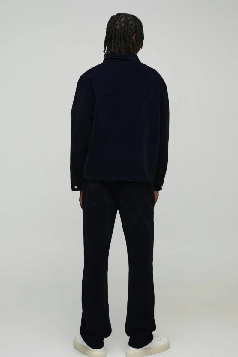 New boohooMAN Velvet Denim Zip Through Overshirt navy