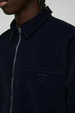 New boohooMAN Velvet Denim Zip Through Overshirt navy