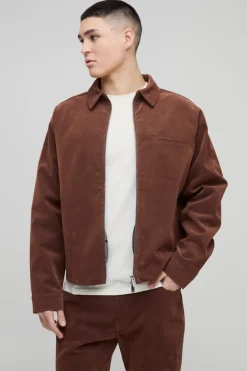 Outlet boohooMAN Velvet Denim Zip Through Overshirt brown