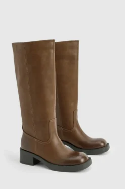 Store boohoo Vintage Look Burnished Toe Column Knee High Boot brown