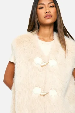 Cheap boohoo Vintage Look Faux Fur Toggle Detail Oversized Gilet sand