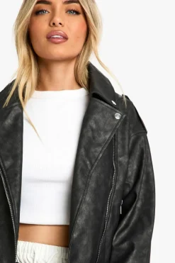 Best Sale boohoo Vintage Look Faux Leather Biker Jacket grey
