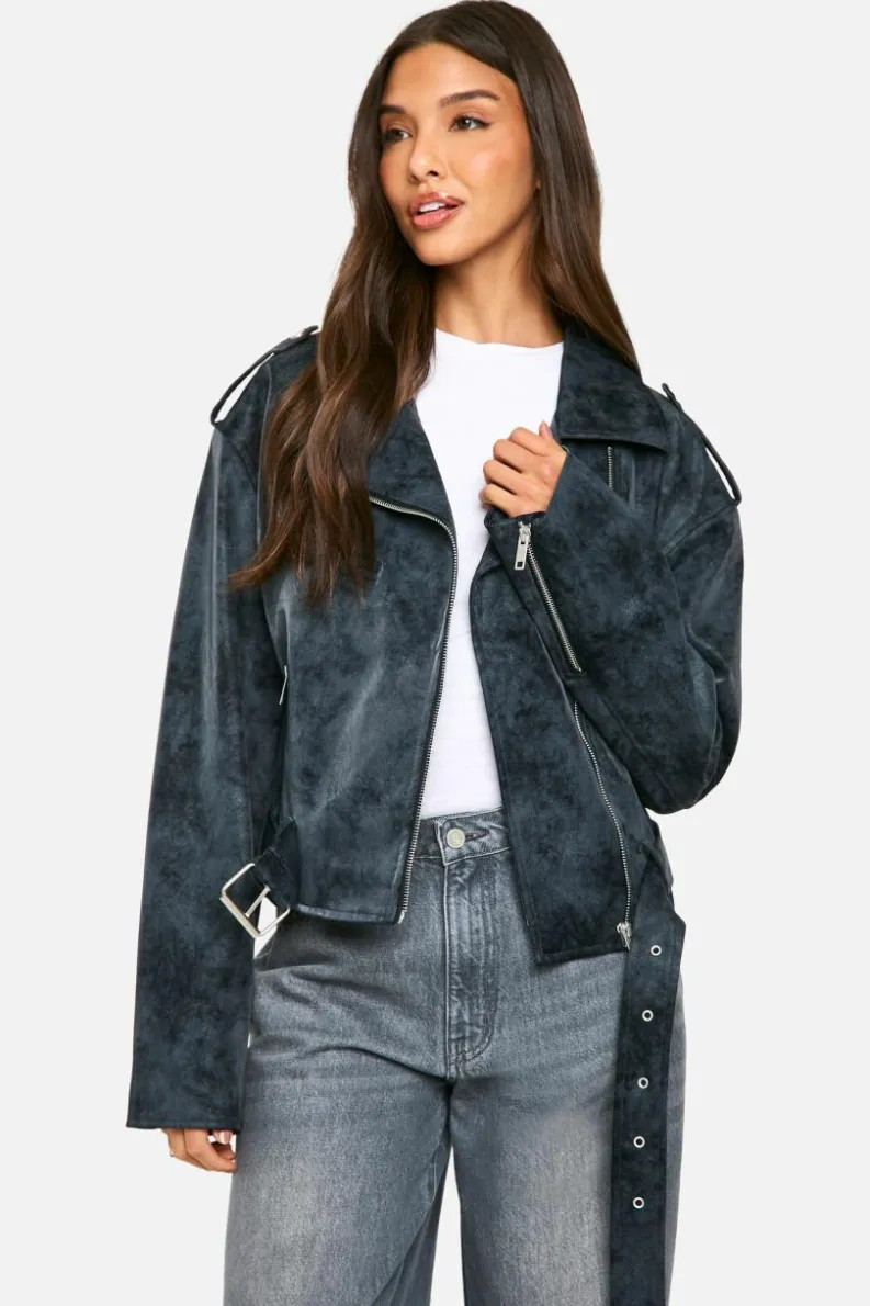 Best Sale boohoo Vintage Look Faux Leather Biker Jacket grey