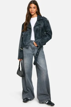 Best Sale boohoo Vintage Look Faux Leather Biker Jacket grey
